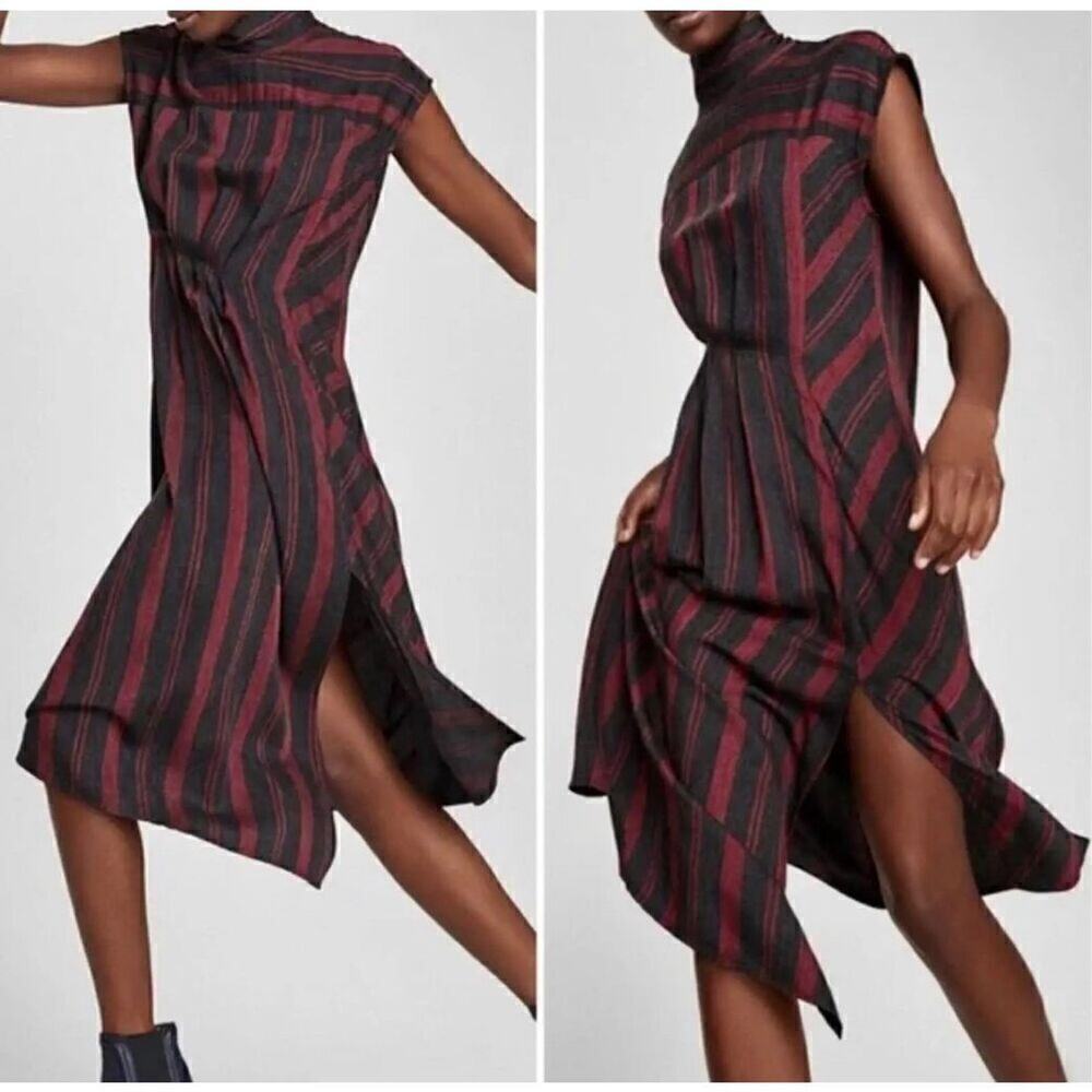 ZARA High Neck Asymmetric Hem Maroon and Grey Striped Midi Dress Size Small GUC